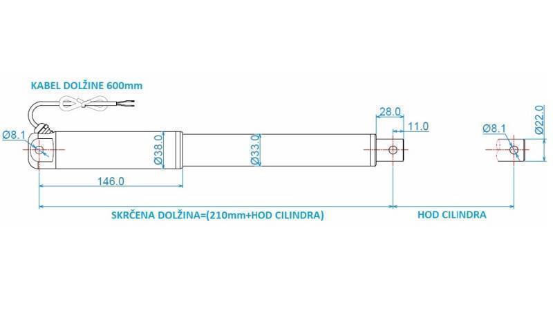 ELEKTRIČNI CILINDER 12V 100kg-9mm/sek HOD 600mm - dimenzije