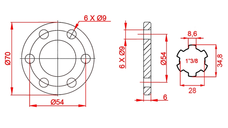 ZAPFWELLENADAPTER MIT FLANSCH 6 LÖCHER 1-3/8 (90 mm)