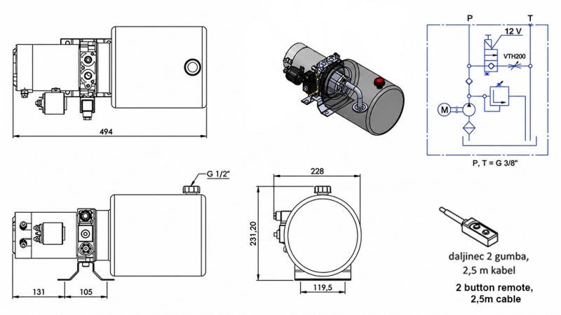 MINI HIDRAULIČNI AGREGAT 12V DC - 1,6kW = 2,1cc - 8 lit - jednosmjerni sklop ( metalni )