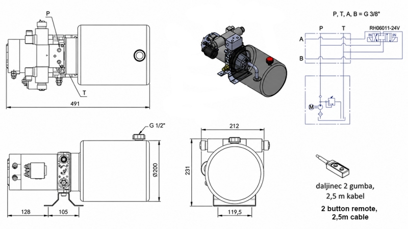 MINI HIDRAULIČNI AGREGAT 24V DC - 2,2kW = 2,1cc - 8 lit - dvosmjerni sklop (kovinski)