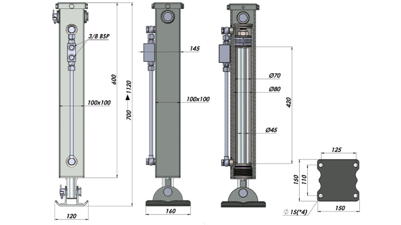 DOPPELTWIRKENDER HYDRAULISCHER STÜTZBEIN (100x100x600 mm) - HUB 420 mm - 5.000 kg