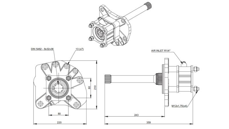 Dimensions OUTPUT FOR HYDRAULIC PUMP - MERCEDES G155 - 1 ACTROS