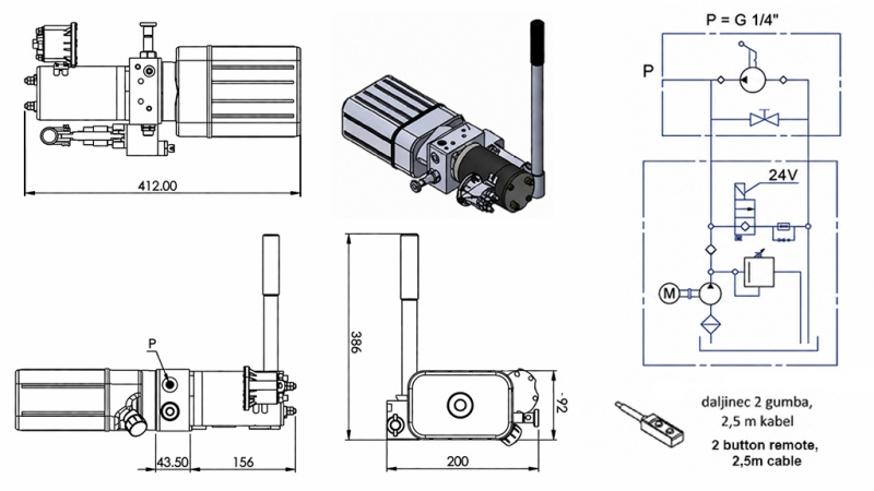 MINI HIDRAULIČNI AGREGAT 24V DC - 0,8kW = 0,5cc - 1,5 lit - JEDNOSMJERNI SKLOP SA RUČNOM PUMPOM (PVC)