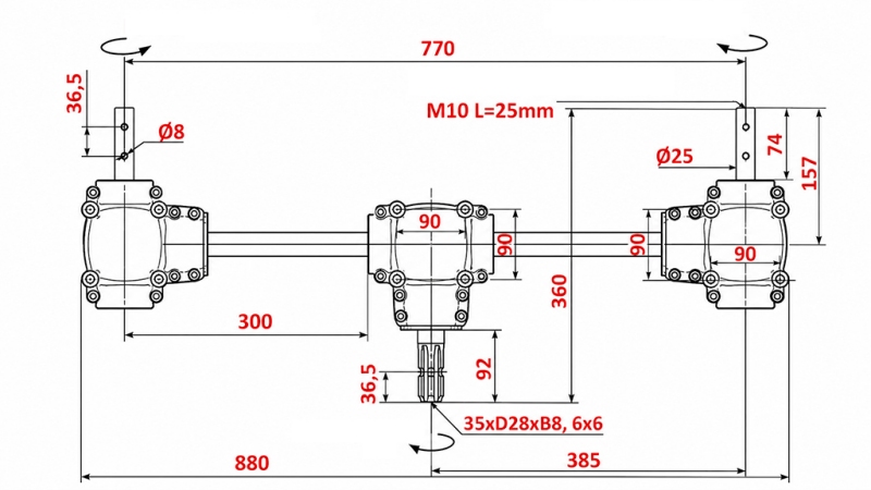 JUEGO DE REDUCTORES 1:1,35 (22HP-16kW) PARA ESPARCIDOR DE ESTIÉRCOL L:770 - ALU