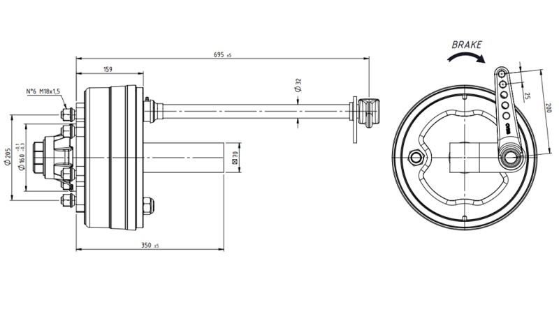 ACHSWELLE MIT BREMSEN 3.600 KG L.250 MM