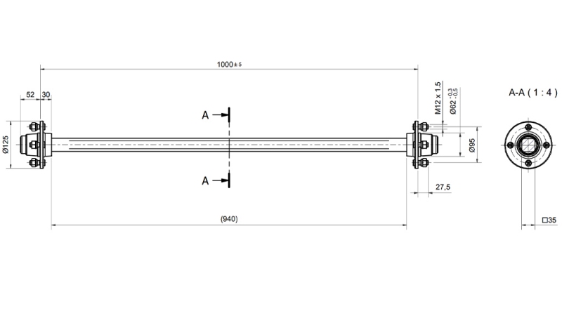 ACHSE FÜR ANHÄNGER 950 kg OHNE BREMSEN (1000 mm)