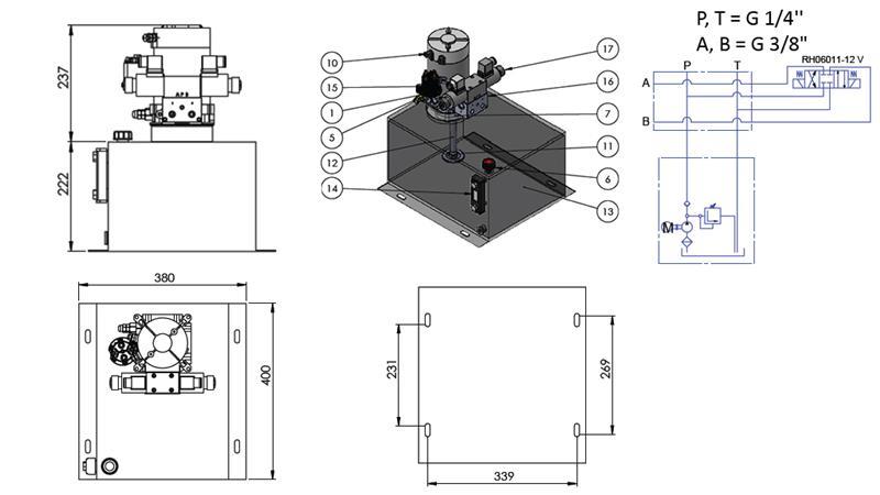 MINI HYDRAULIKAGGREGAT 12V DC - 1.6kW = 2.1cc - 25 lit - doppelte Richtungseinheit (Metall)