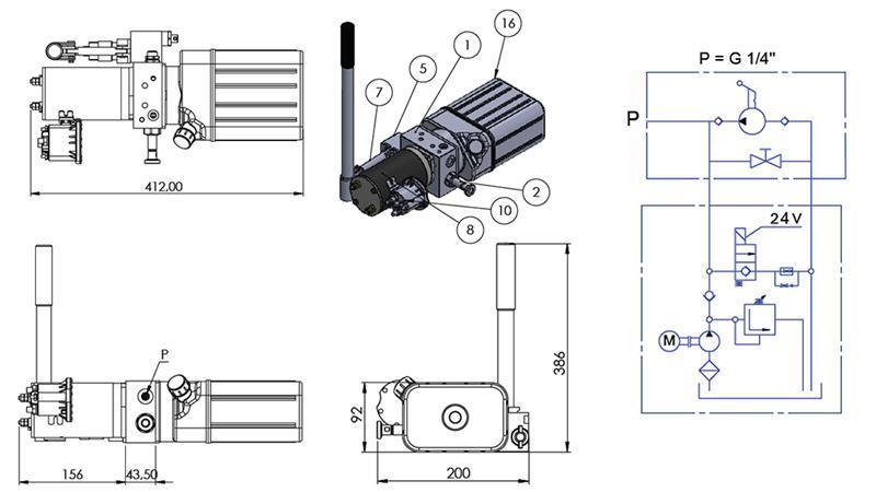 MINI HIDRAULIČKI AGREGAT 24V DC - 0.8kW = 0.5cc - 1.5 lit - jednofazna jedinica (PVC) s ručnom pumpom
