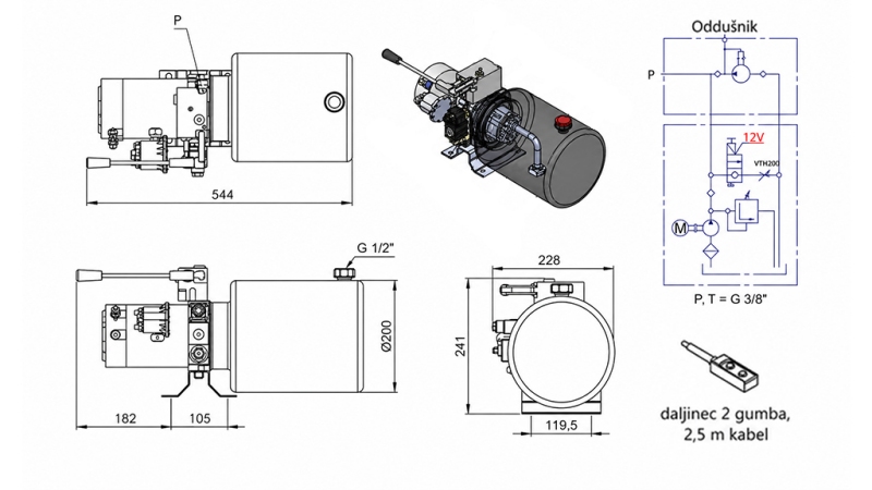 MINI HIDRAULIČNI AGREGAT 12V DC - 1,6kW = 2,1cc - 8 lit - JEDNOSMJERNI SKLOP SA RUČNOM PUMPOM