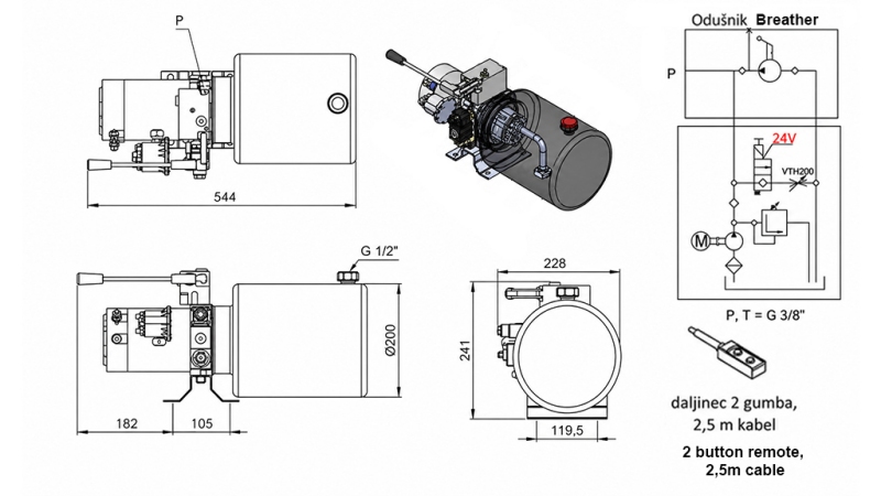 MINI HIDRAULIČNI AGREGAT 24V DC - 2,2kW = 2,1cc - 8 lit - JEDNOSMJERNI SKLOP SA RUČNOM PUMPOM