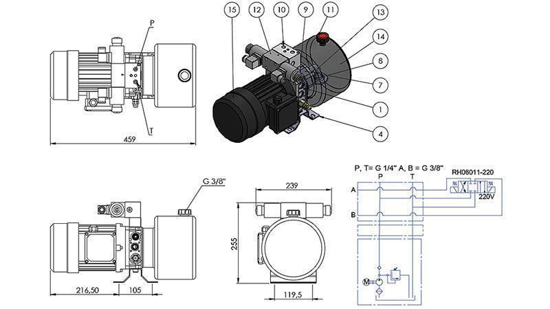 MINI AGREGAT HYDRAULICZNY 380V AC (0.75 kW) - 3.7 cc - 5.2 lit/min - zbiornik 4 lit
