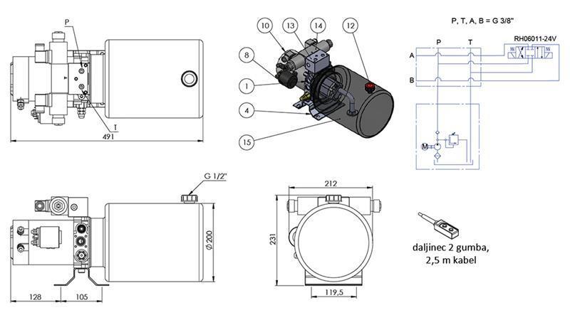 MINI HYDRAULIC AGGREGATE 24V DC - 2.2kW = 2.1cc - 8 lit - double direction assembly (metal)