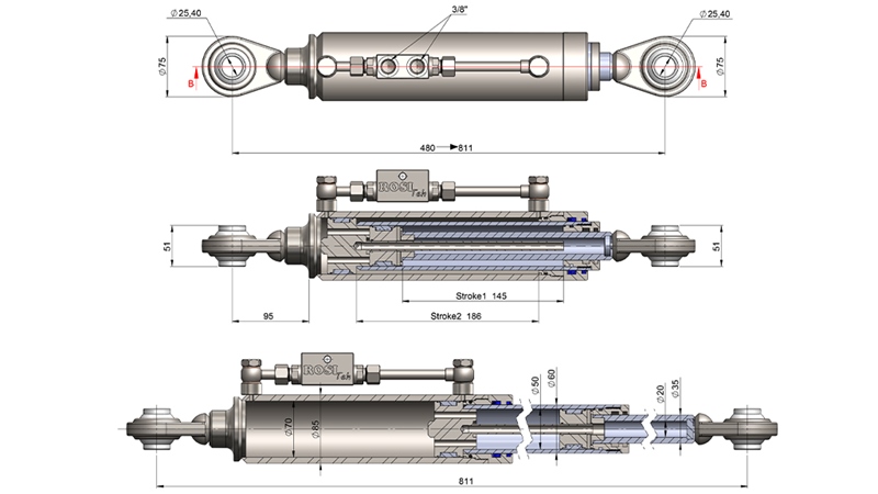 TELESKOPSKA HIDRAULIČNA POTEZNICA STANDARD - CAT. 2 (45-95 HP) - 480-811 mm (25,4/25,4 mm)