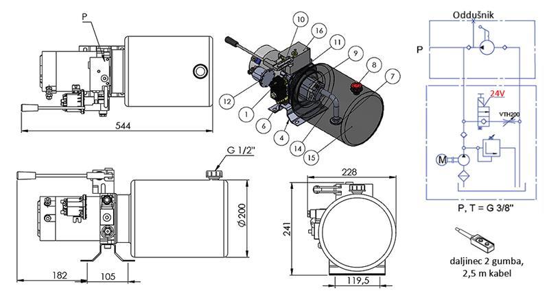 MINI HYDRAULIC AGGREGATE 24V DC - 2.2kW = 2.1cc - 8 lit - single-direction assembly WITH HAND PUMP