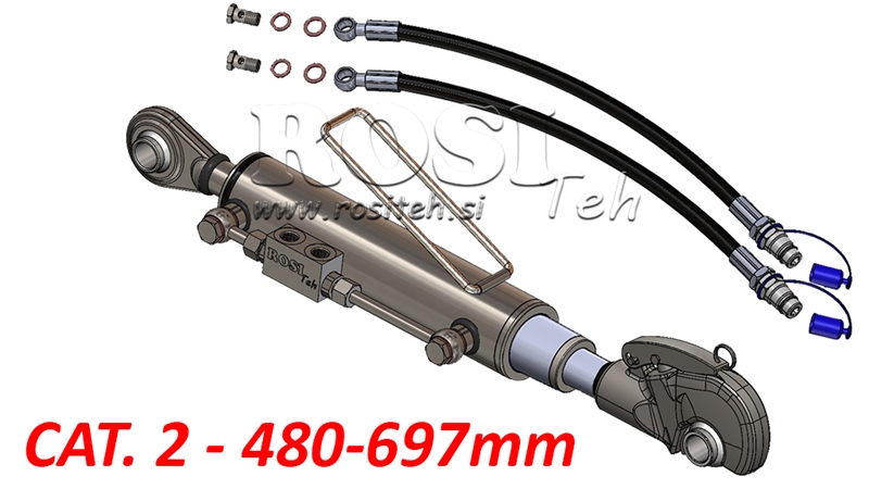 TELESKOPISK HYDRAULISK TOPPSTAG MED FANGHAKE OG KULELEDD AUTOMATIC - CAT. 2 (45-95 HP) - 480-697 mm (25,4 mm)