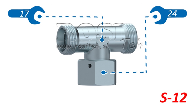 HYDRAULISK T-STYKKE S-12 MED CENTRAL DREJELIG MØTRIK M20X1,5