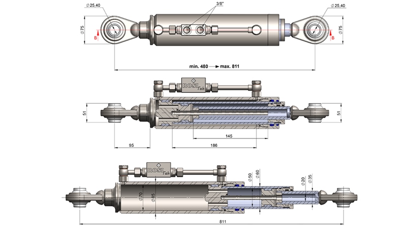 TELESKOPISK HYDRAULISK TOPPSTAG STANDARD - CAT. 2 (45-95 HP) - 480-811 mm (25,4/25,4 mm)