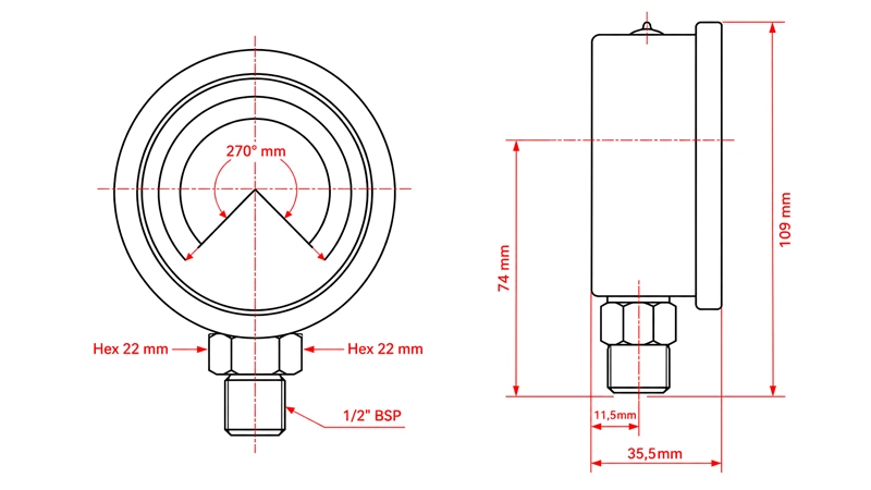 MANOMETER DN100 VERTICAL 0 - 160 BAR - 1/2