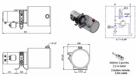 MINI HIDRAULIČNI AGREGAT 24V DC - 2,2kW = 2,1cc - 8 lit - jednosmjerni sklop (kovinski)