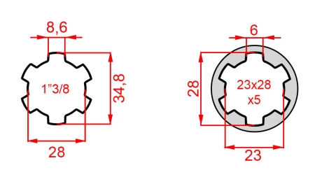 KARDĀNA ADAPTERIS NO 23x28x6 (6 RIEVAS) UZ 1-3/8 (140 mm)