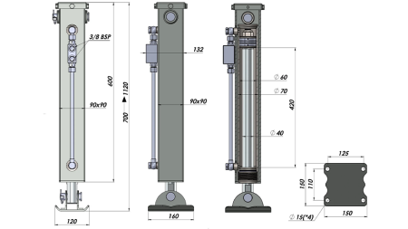 DOPPELTWIRKENDER HYDRAULISCHER STÜTZBEIN (90x90x600 mm) - HUB 420 mm - 2.500 kg