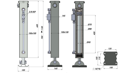 DOPPELTWIRKENDER HYDRAULISCHER STÜTZBEIN (100x100x600 mm) - HUB 420 mm - 5.000 kg