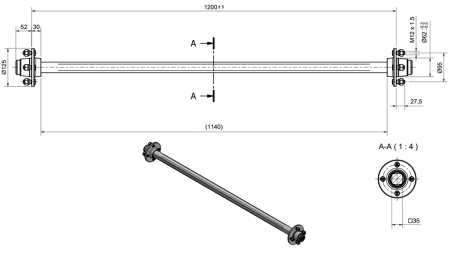 OSOVINA ZA PRIKOLICU 950 kg BEZ KOČNICA (1200 mm)