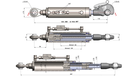 TELESKOPISK HYDRAULISK TOPPSTAG MED FANGHAKE OG KULELEDD AUTOMATIC - CAT. 2 (45-95 HP) - 480-697 mm (25,4 mm)