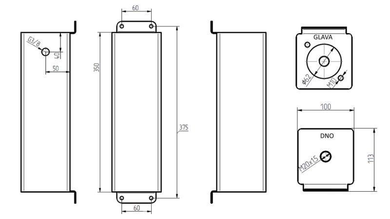 NÁDRŽ KOVOVÝ 3 LITER KOCKA 100x113x350mm KOMPLETNÝ S VYBAVENÍM