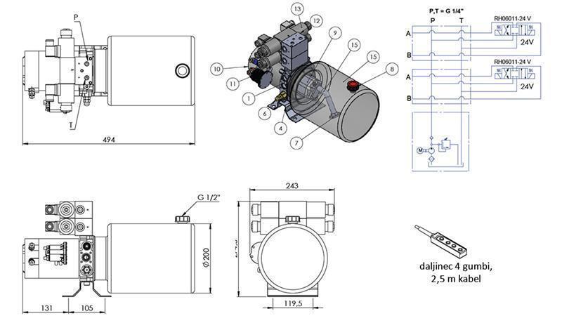 MINI HIDRAULIČNI AGREGAT 24V DC - 2,2kW = 2,1cc - 8 lit - 2x dvosmjerni sklop (kovinski)