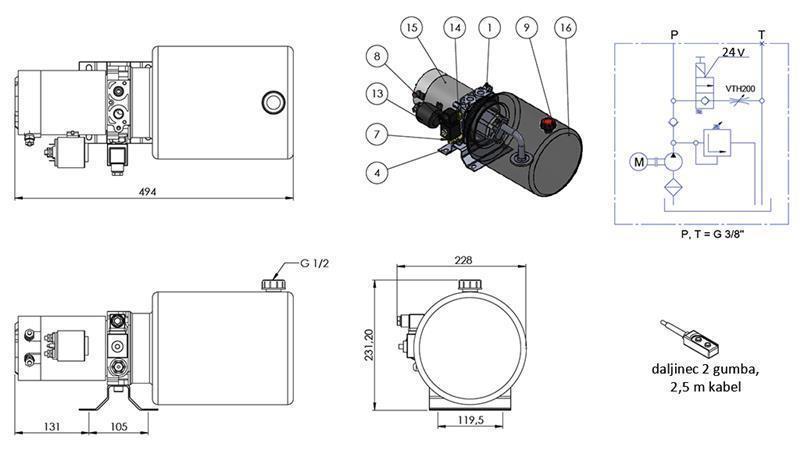 MINI HYDRAULIKAGGREGAT 24V DC - 2,2kW = 2,1cc - 8 lit - Einfachwirkende Funktion (Metallgehause)