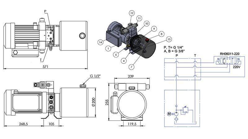 MINI HYDRAULIKAGGREGAT 230V AC (1,5 kW) - 5,8 cc - 8,2 lit/min - tank 6 lit