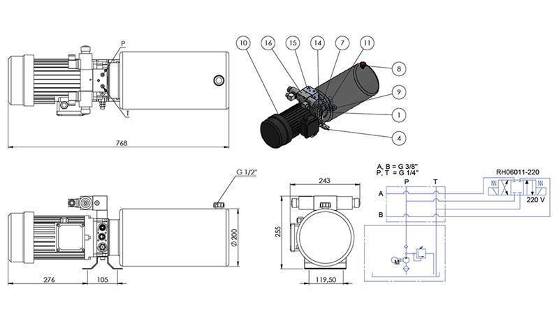 MINI HYDRAULIKAGGREGAT 380V AC (2.2 kW) - 8.0 cc - 11.2 lit/min - tank 12 lit