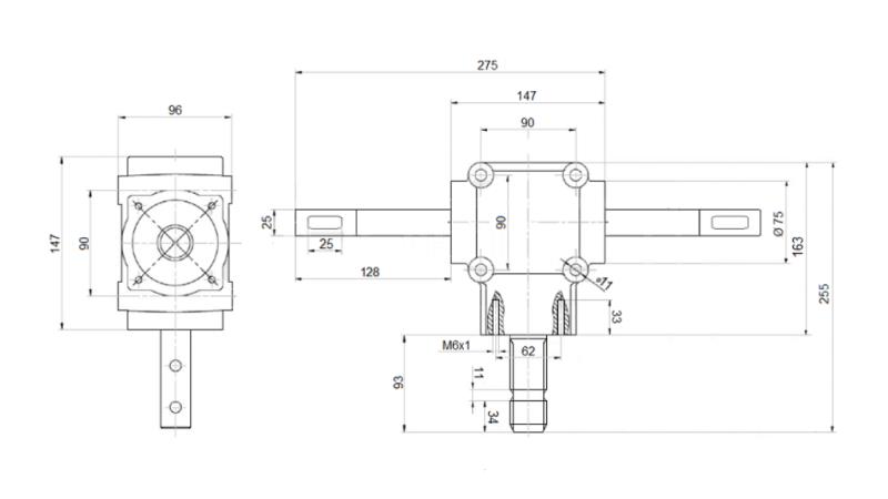 Leņķa samazinātājs diviem asīm 1: 1.14 (27HP-20kW)