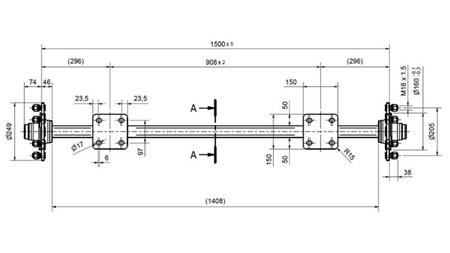 AXLE FOR TRAILER 3300 kg WITHOUT BRAKES (1500 mm) with flange for installation