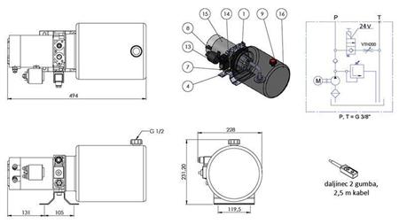 MINI HIDRAULIČNI AGREGAT 24V DC - 2,2kW = 2,1cc - 8 lit - jednosmjerni sklop (kovinski)