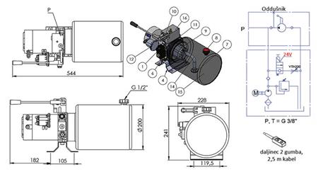 MINI HYDRAULICKÝ AGREGÁT 24V DC - 2.2kW = 2.1cc - 8 lit - jednosměrná montáž S RUČNÍ PUMPOU