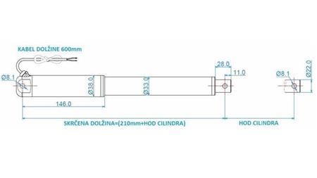 ELECTRIC CYLINDER 12V 100kg-9mm/sek STROKE 600mm
