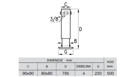 HIDRAVLIČNA NOGA DVOSMERNA 2,9 TON 400mm - dimenzije